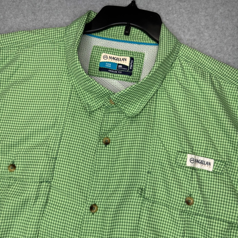 Magellan Fishing Shirt Men 4XL Green Gingham Check Plaid MagWick Angler Fit Vent
